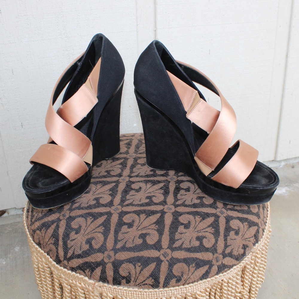 Barbara Bui Designer Pink + Black Silk Wedges 👛🖤